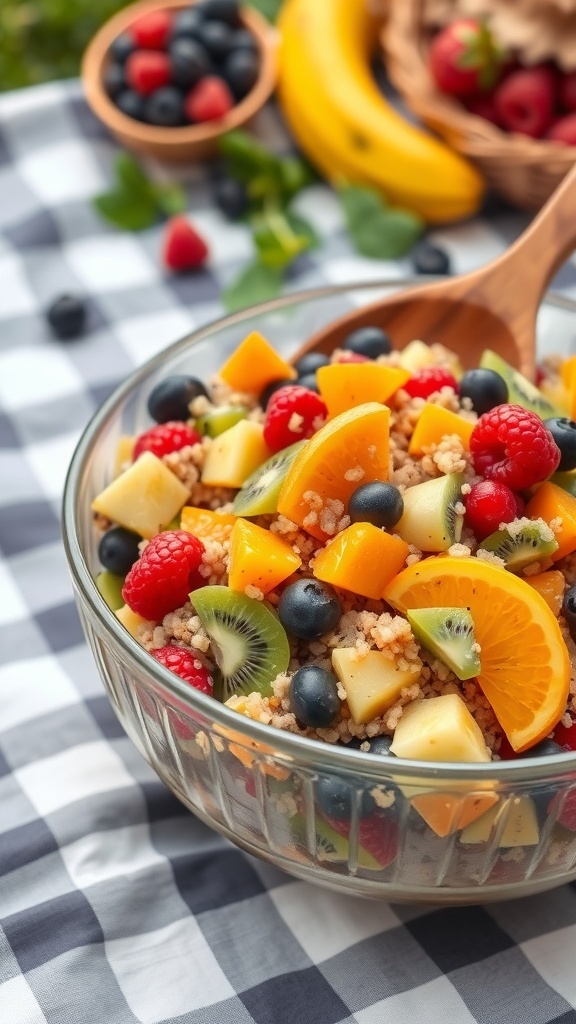 A colorful quinoa fruit salad in a glass bowl, featuring a mix of fresh fruits like blueberries, raspberries, kiwi, and orange slices.