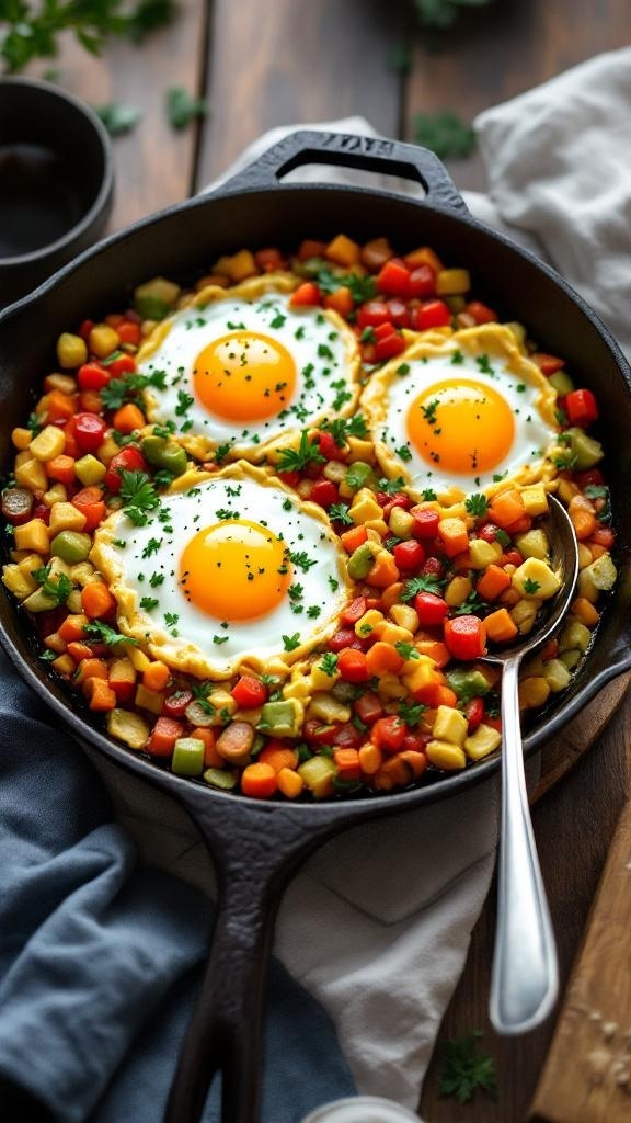 A colorful breakfast skillet with eggs and vegetables