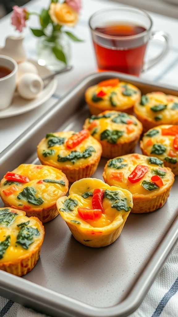 A tray of colorful egg muffins with spinach and bell peppers, served with a cup of tea.