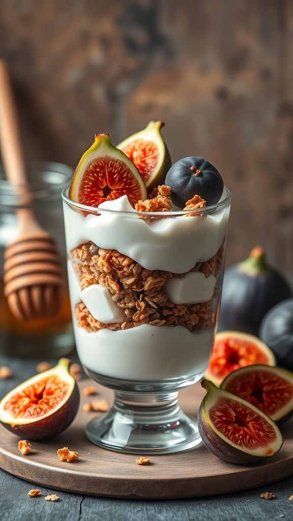 A delicious fig and yogurt parfait with granola, topped with fresh figs and blueberries.
