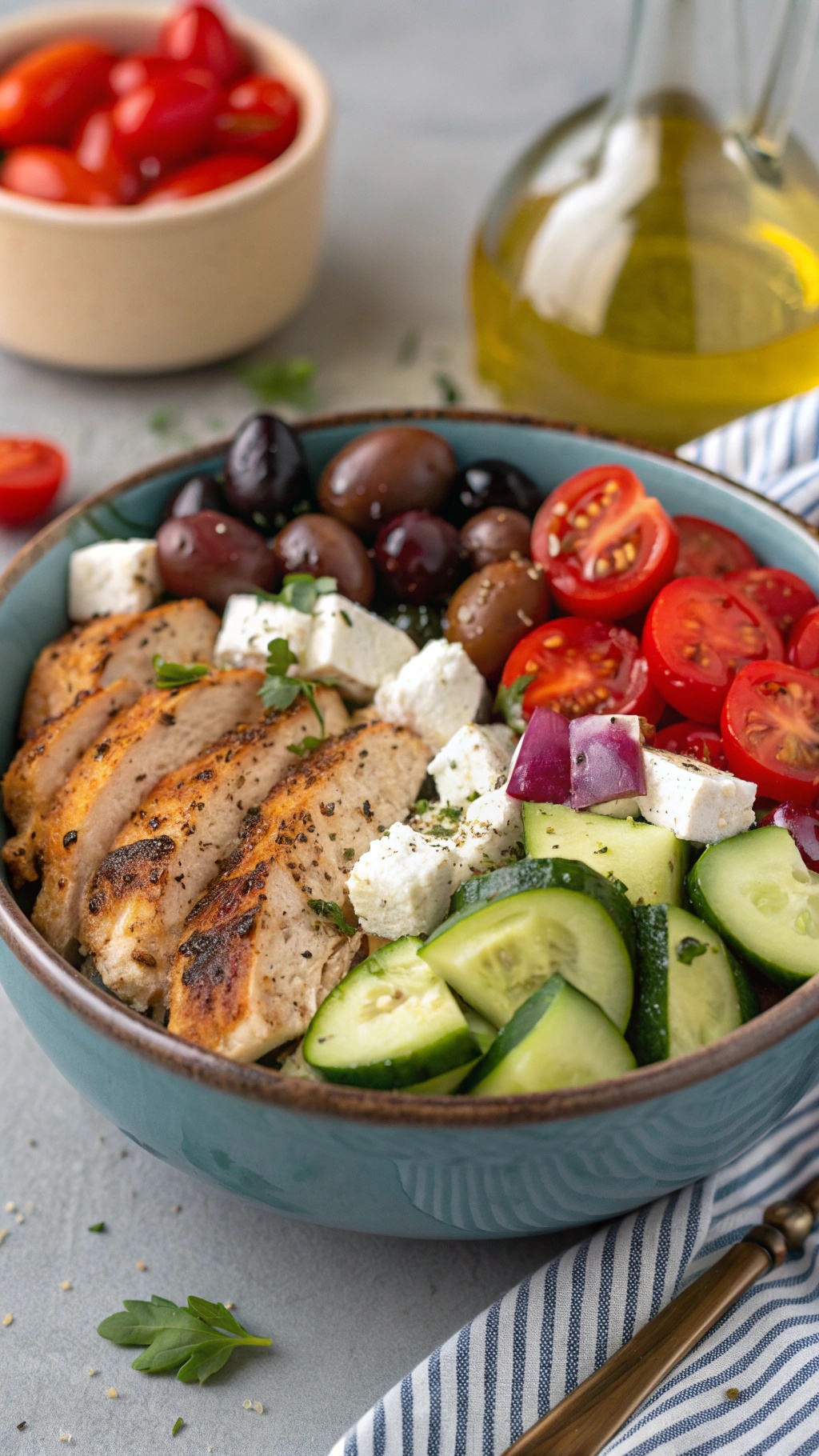 A colorful Greek chicken bowl with grilled chicken, cherry tomatoes, cucumbers, olives, and feta cheese.