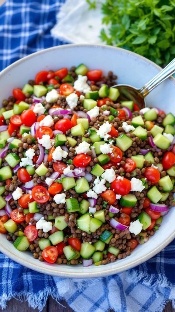 A bowl of Greek lentil salad with cherry tomatoes, cucumbers, red onion, and feta cheese.