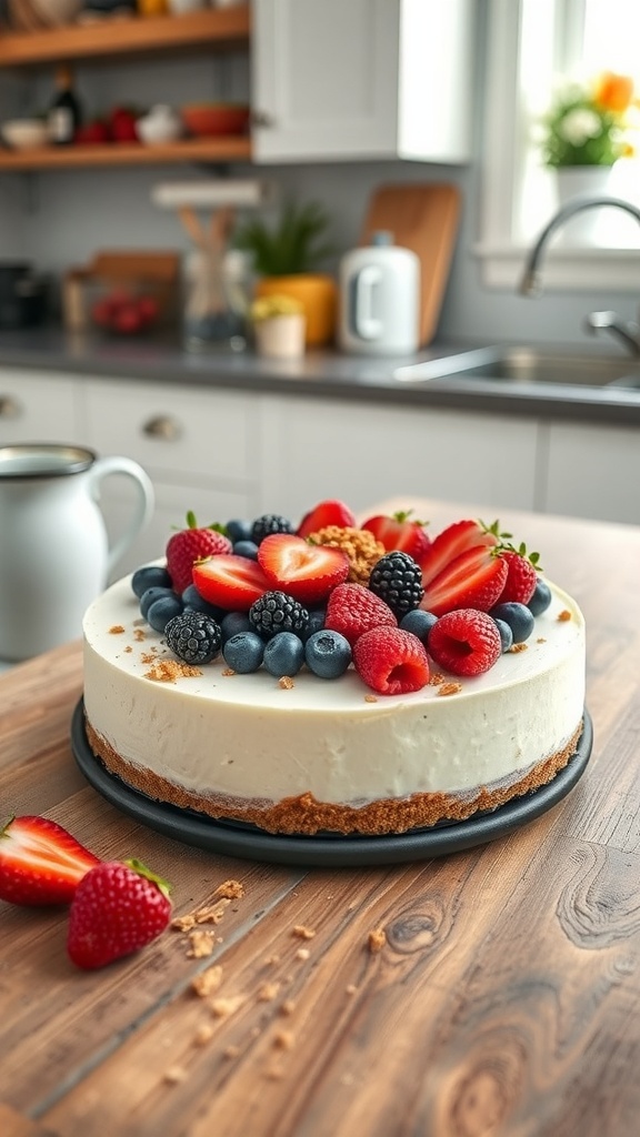 A delicious Greek Yogurt No-Bake Cheesecake topped with fresh strawberries, blueberries, and raspberries, displayed in a cozy kitchen setting.