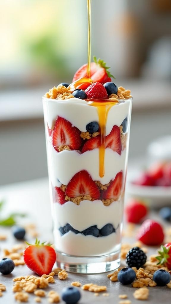 A delicious Greek yogurt parfait with layers of yogurt, fresh berries, and granola, drizzled with honey.