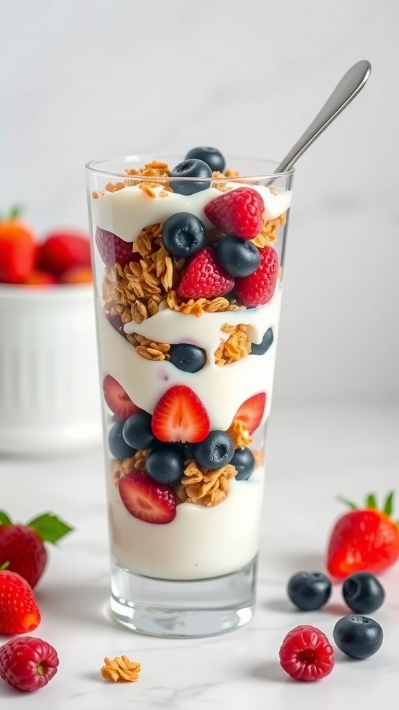 A delicious Greek yogurt parfait with layers of yogurt, berries, and granola.