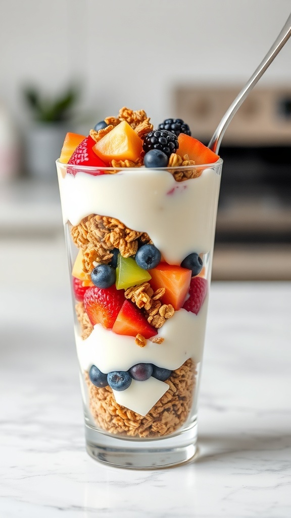 A delicious Greek yogurt parfait with layers of granola and fresh fruit.