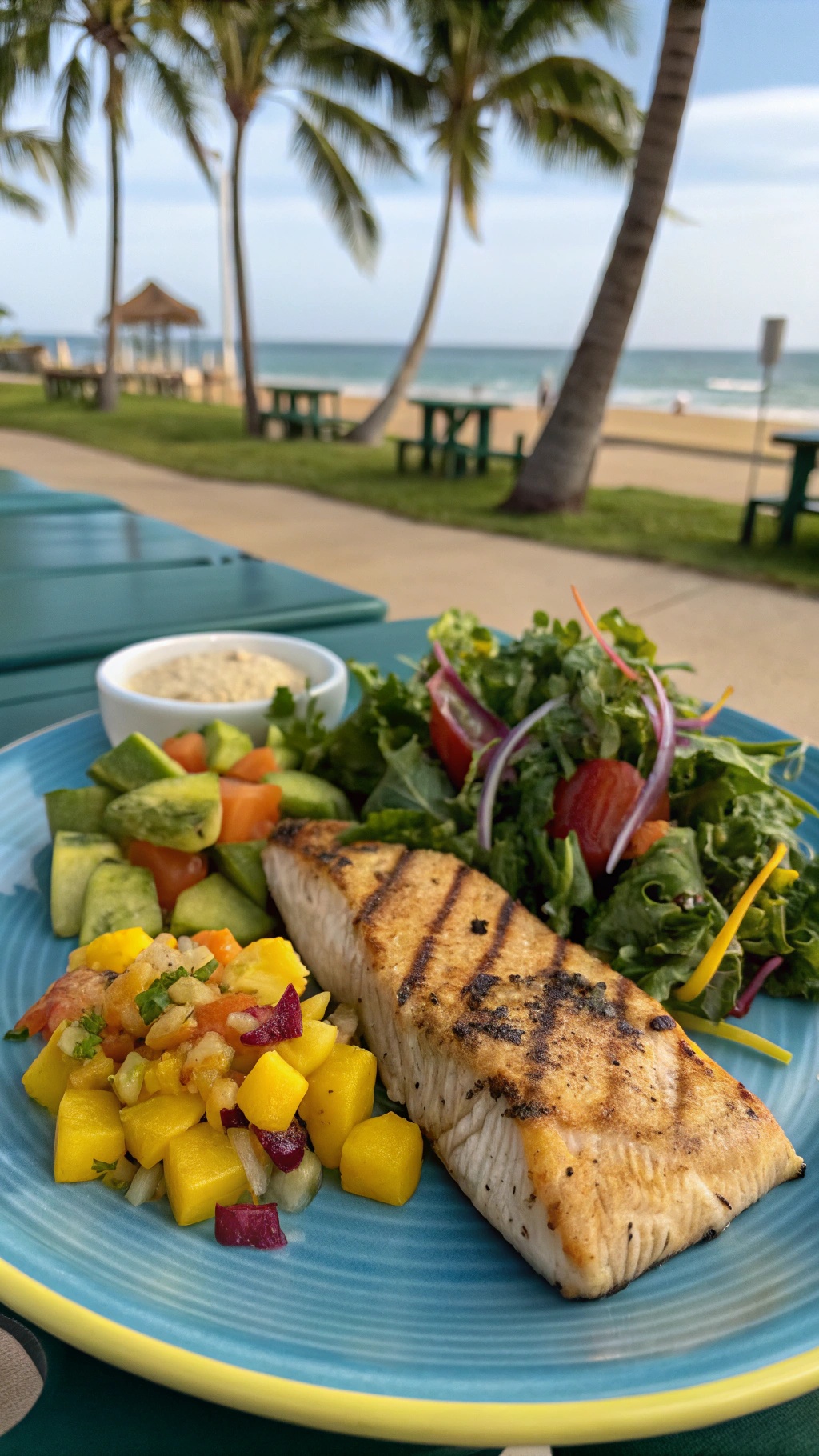 Grilled Mahi Mahi with mango salsa and salad on a blue plate