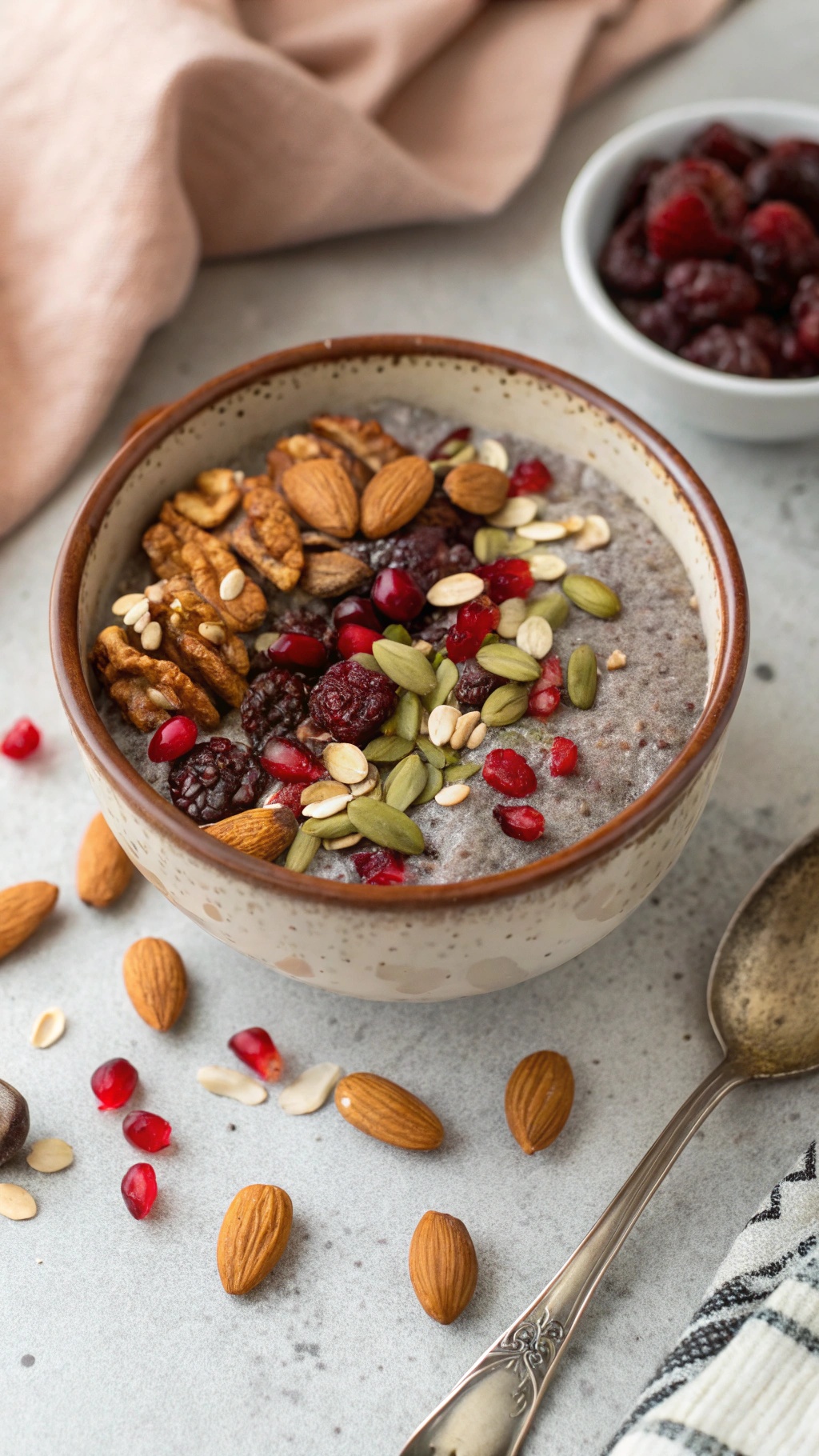 A bowl of chia pudding topped with nuts, seeds, and pomegranate seeds, with a spoon beside it.