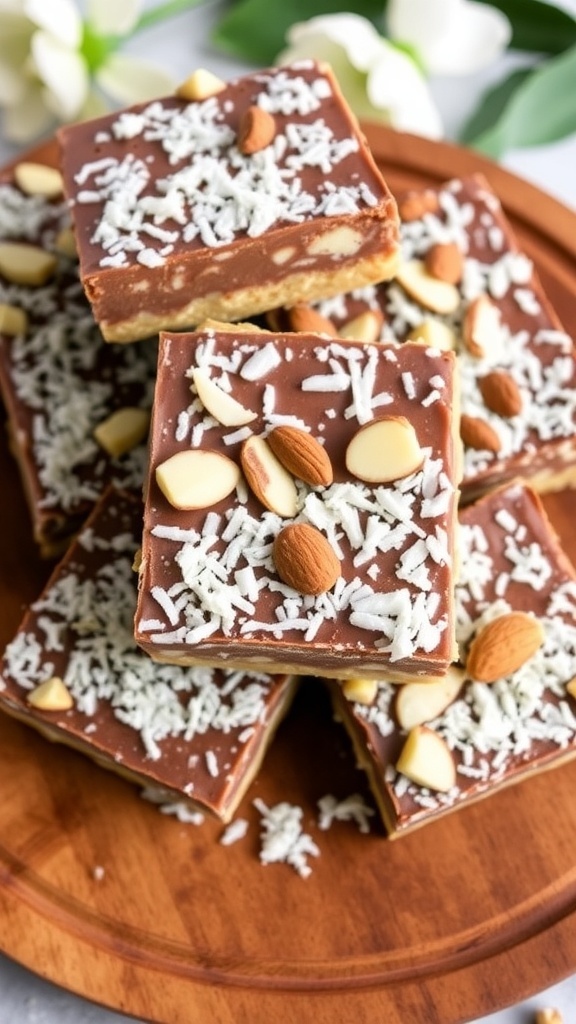 Nutritious no-bake almond joy bars topped with chocolate, coconut, and almonds on a wooden platter.