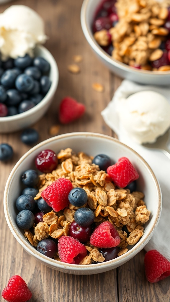 A bowl of nutritious no-bake berry crisp with blueberries, raspberries, and granola.