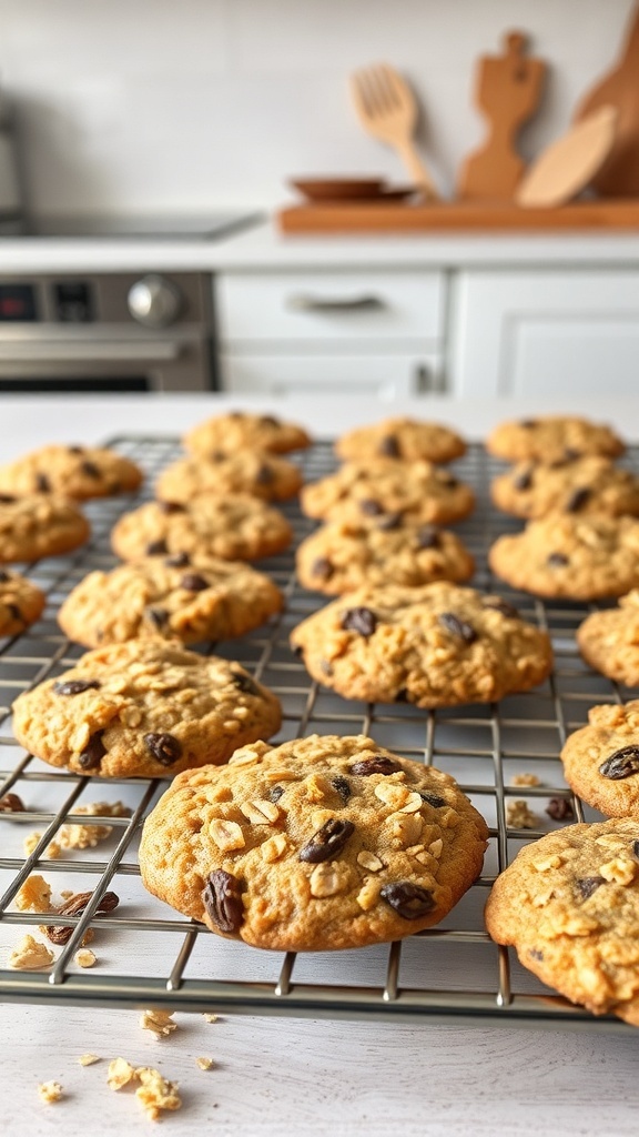 Freshly baked oatmeal raisin protein cookies cooling on a wire rack in a cozy kitchen setting.