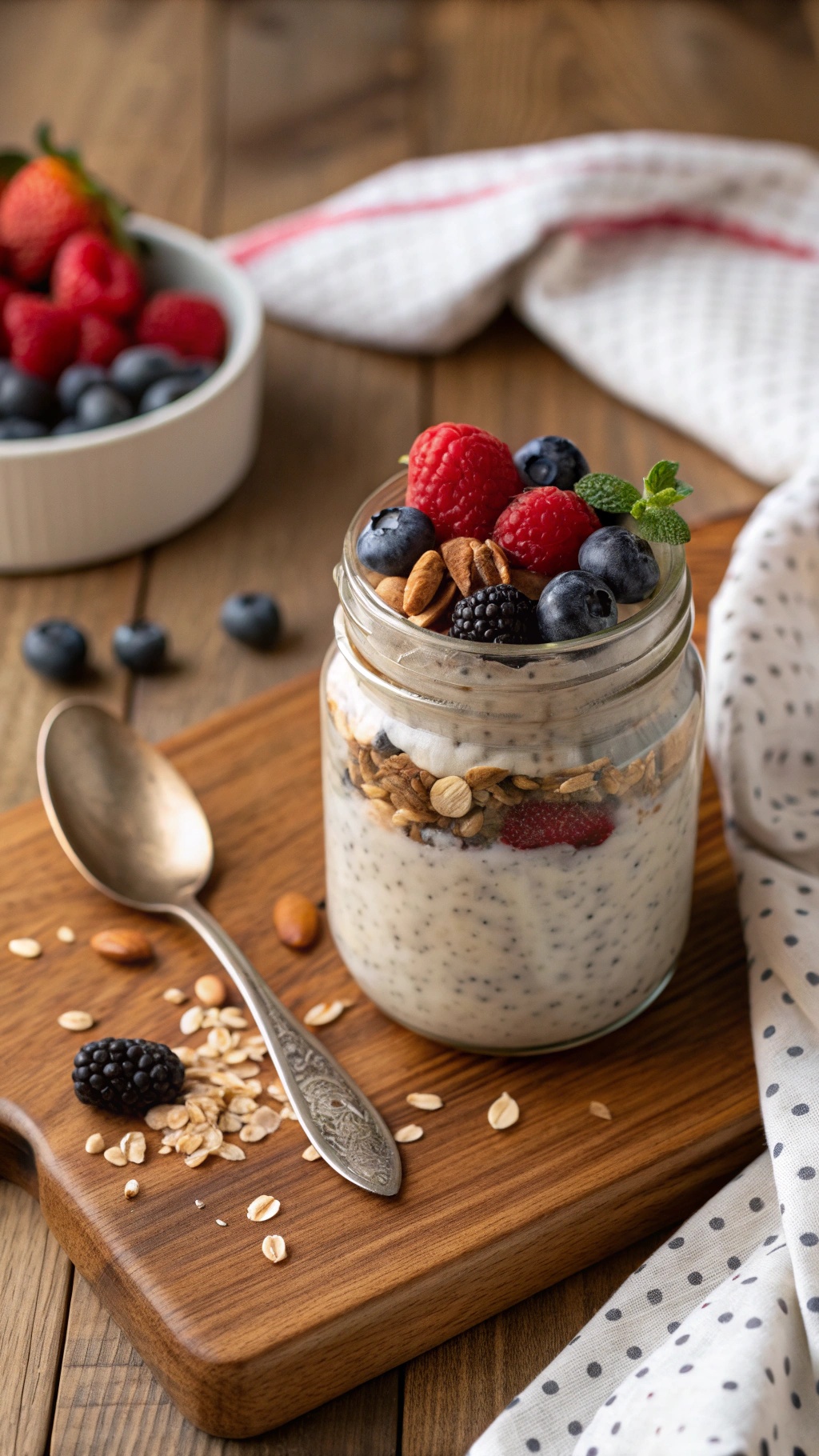A jar of overnight oats topped with berries and nuts, sitting on a wooden surface.