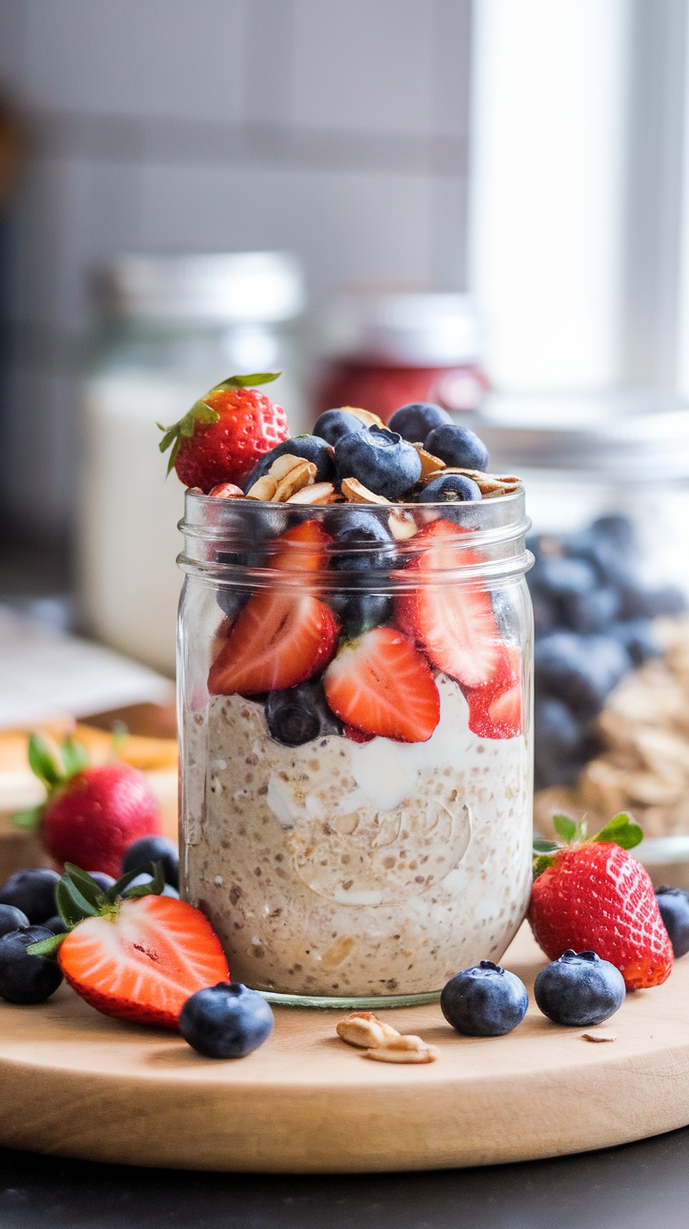 A jar of overnight oats topped with strawberries and blueberries, surrounded by fresh fruits.