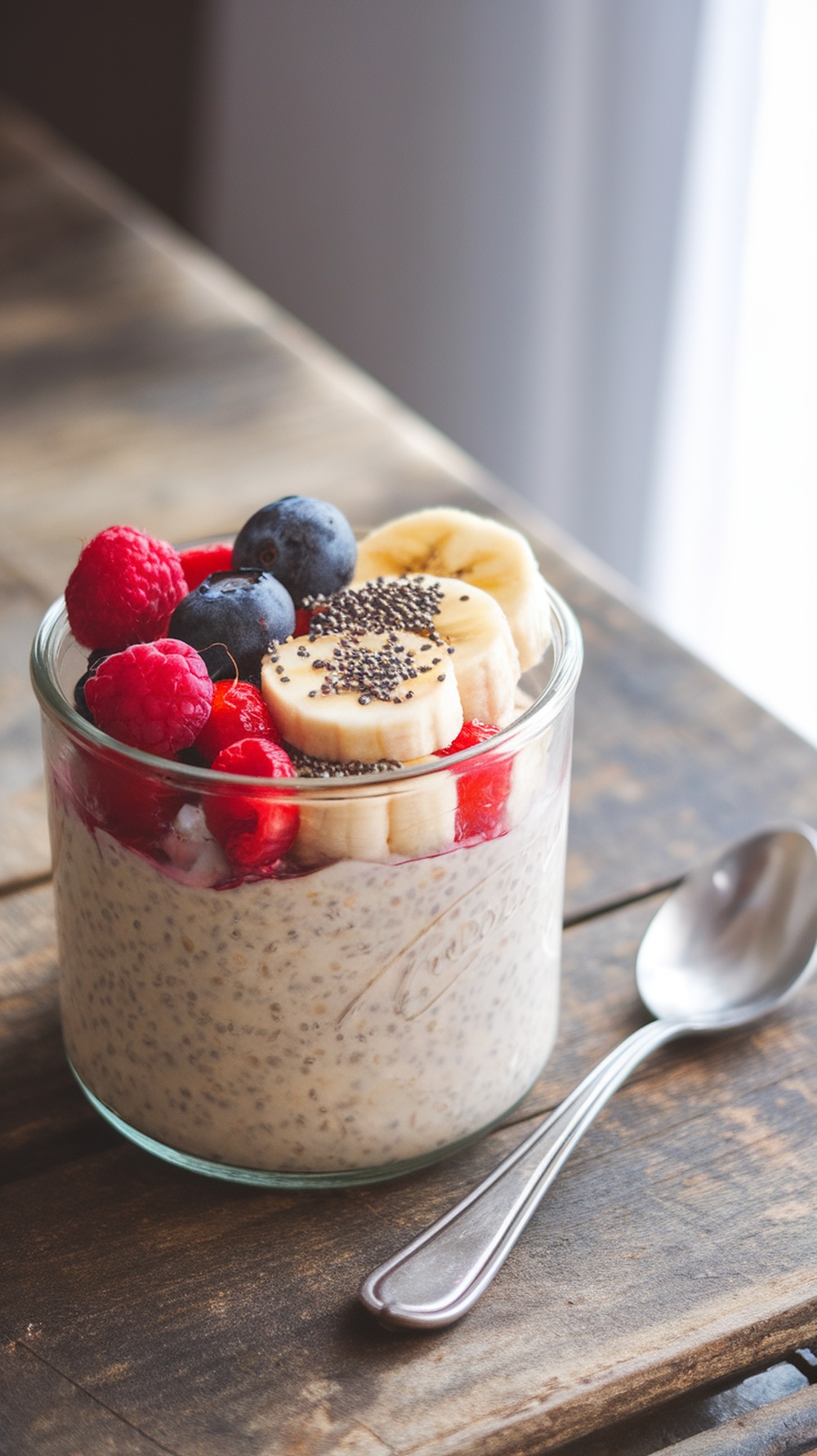 A jar of overnight oats topped with banana slices, blueberries, and raspberries.