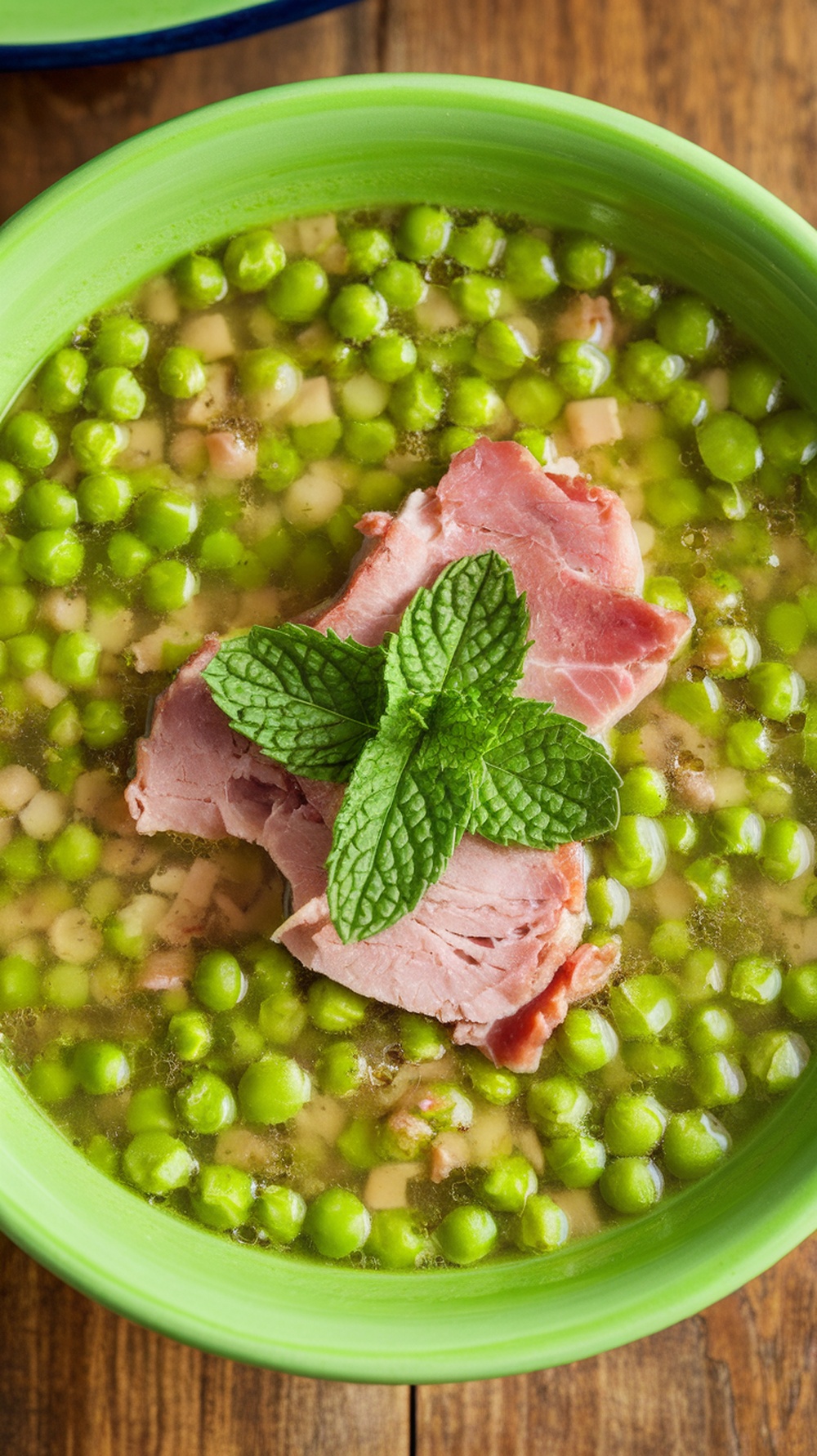 A bowl of pea and ham soup garnished with mint, surrounded by fresh peas and bread.