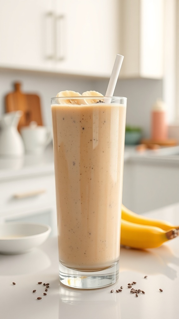 A peanut butter banana smoothie in a tall glass with a straw, surrounded by bananas.
