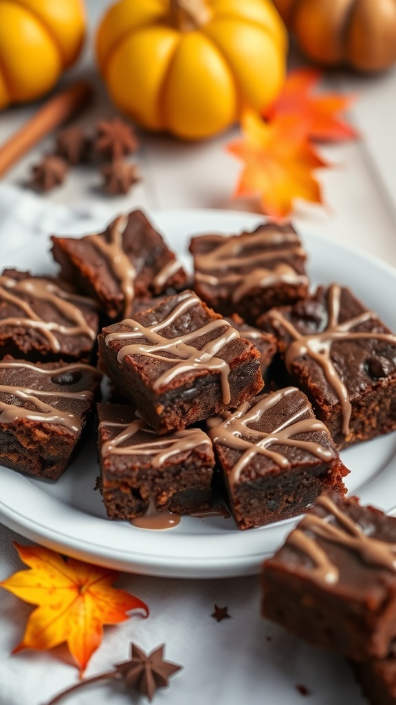 Nutritious pumpkin brownies on a plate with decorative autumn leaves and small pumpkins in the background.