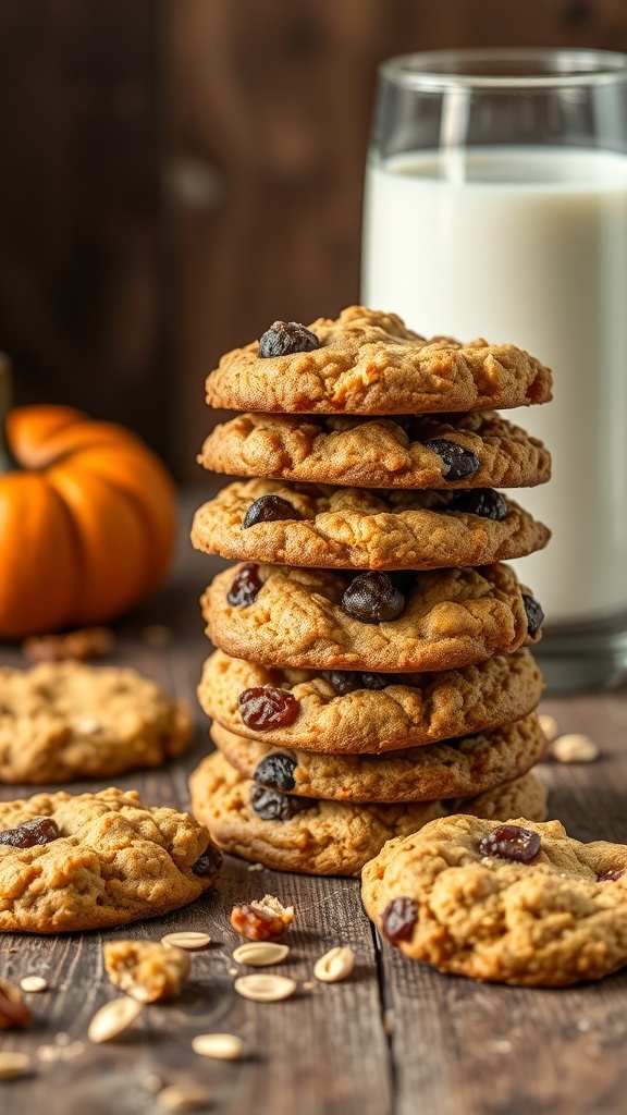 A stack of pumpkin oatmeal cookies with a glass of milk and a small pumpkin in the background.