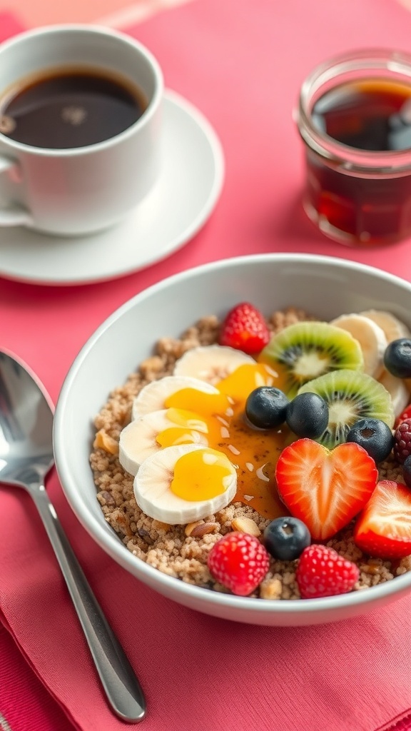 A nutritious quinoa breakfast bowl topped with fresh fruits like banana, strawberries, blueberries, and kiwi, served with a cup of coffee.