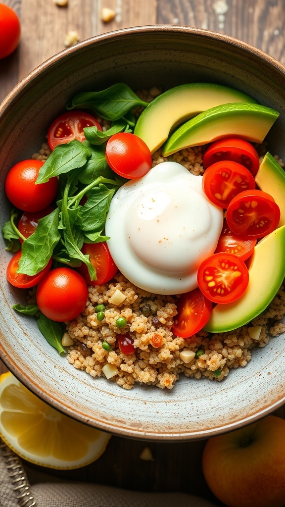 A nutritious quinoa breakfast bowl with spinach, cherry tomatoes, avocado, and a poached egg.