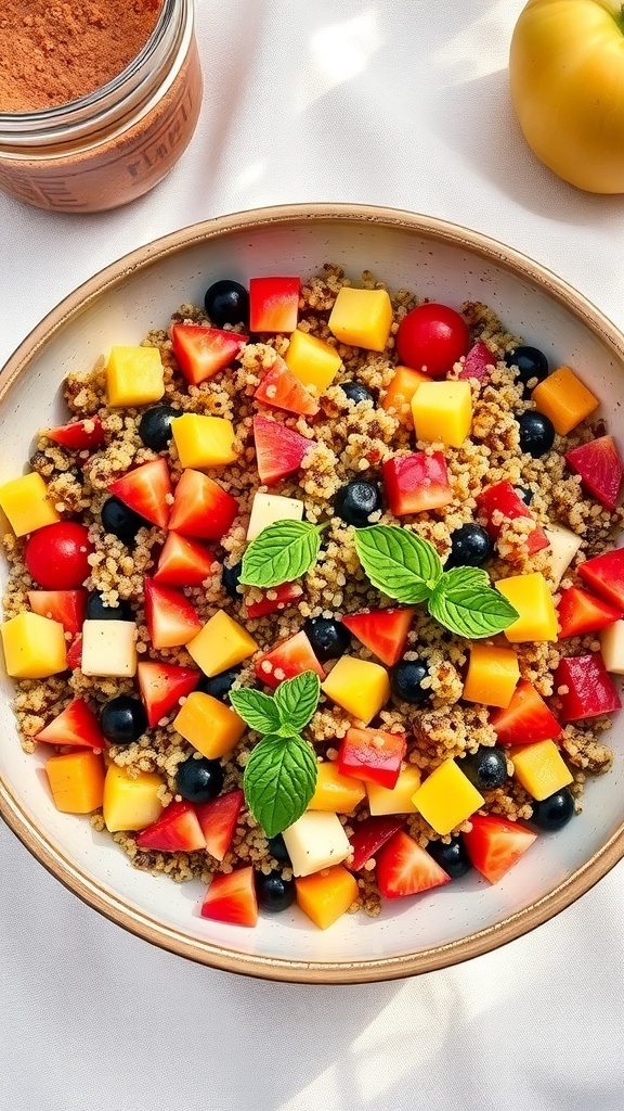 A colorful quinoa fruit salad with diced mango, strawberries, blueberries, and apples, garnished with mint leaves.