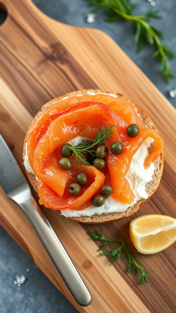 A smoked salmon and cream cheese bagel topped with capers and fresh herbs on a wooden cutting board.
