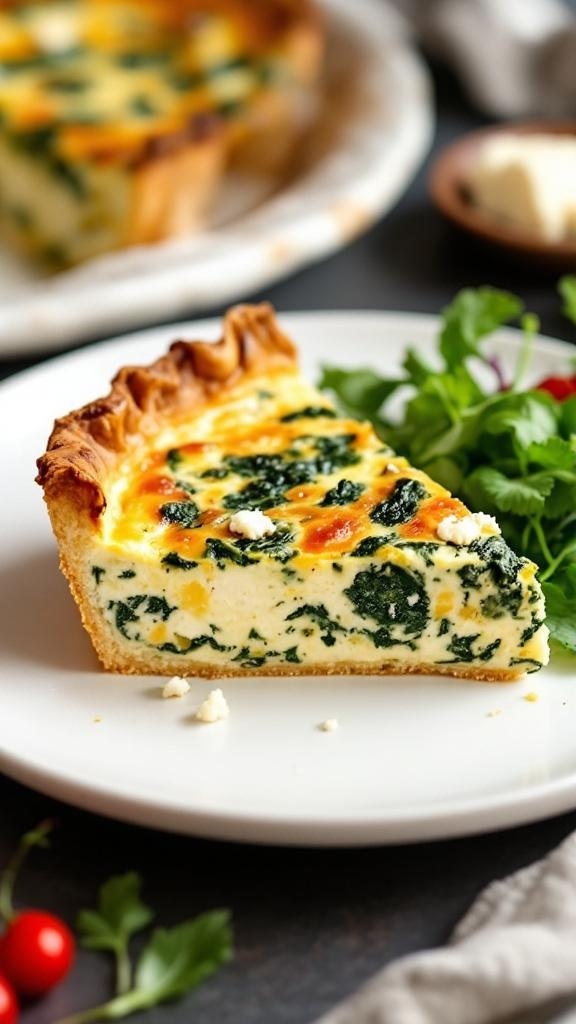 A slice of spinach and feta quiche on a plate with a side salad.