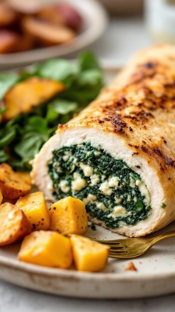 Spinach and feta stuffed chicken with roasted potatoes and salad.