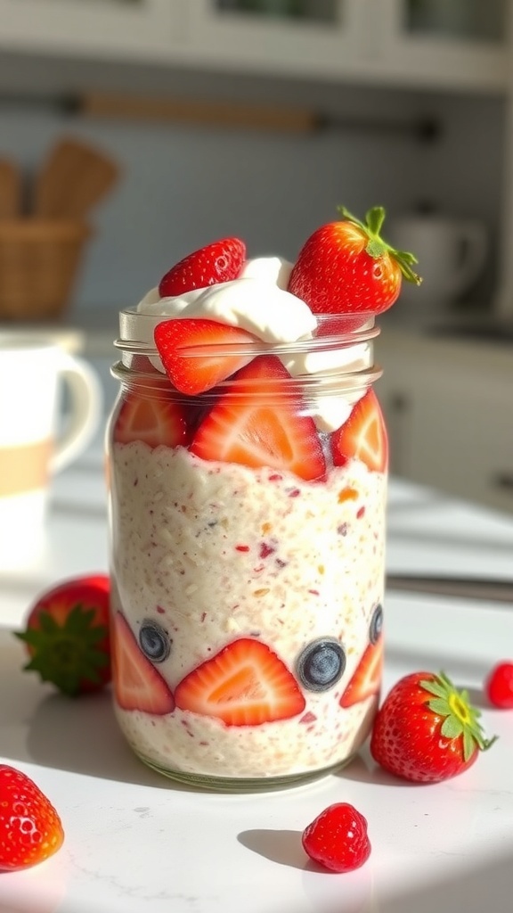 A jar of strawberry overnight oats topped with whipped cream and fresh strawberries.