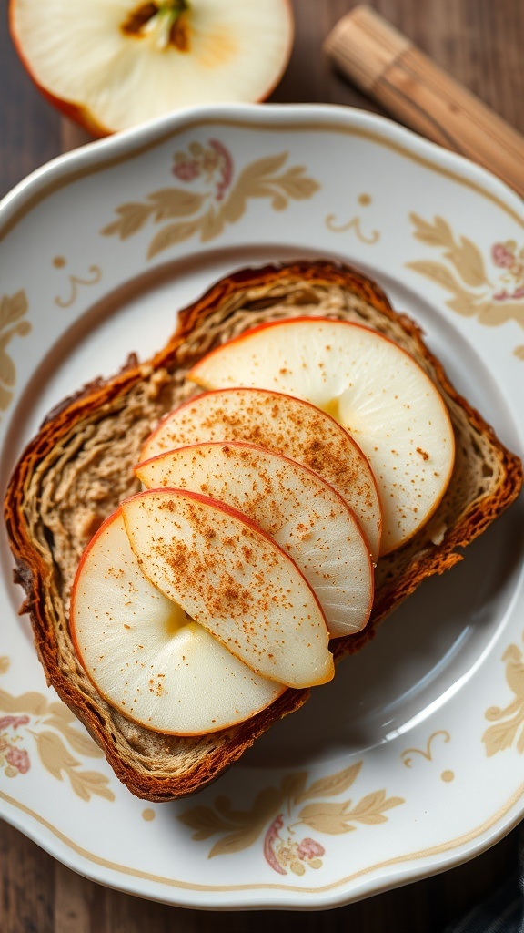 A plate with almond butter and apple toast topped with cinnamon.