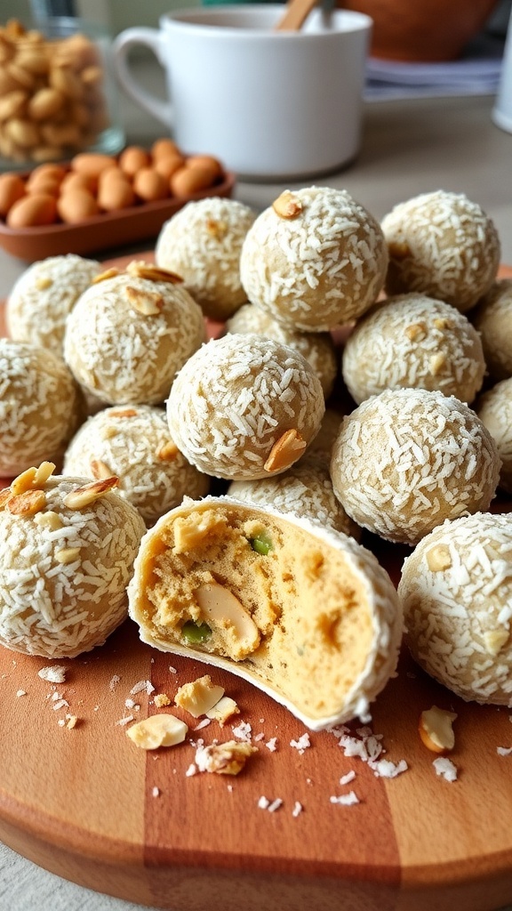 A close-up of Nutty Almond Butter Bliss Balls coated in coconut, with some chopped nuts and a cup in the background.