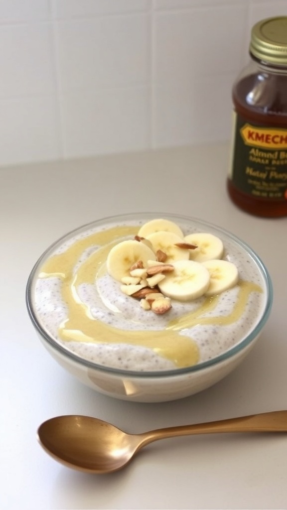 Nutty Almond Butter Chia Pudding topped with banana slices and almonds