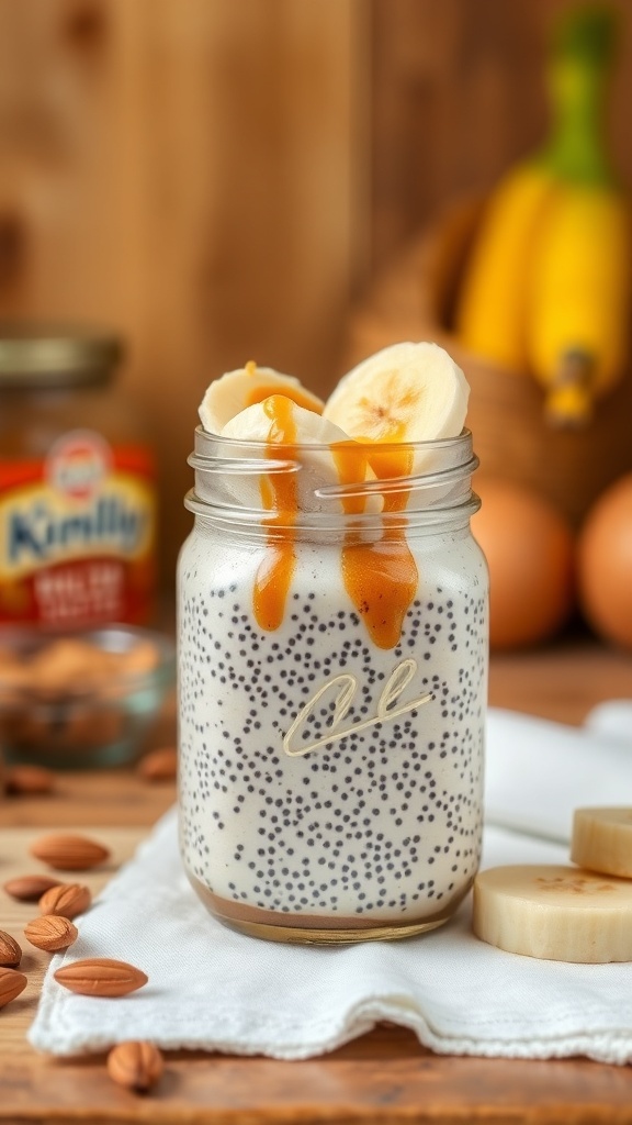 A jar of Nutty Almond Butter Chia Pudding topped with banana slices and caramel sauce.
