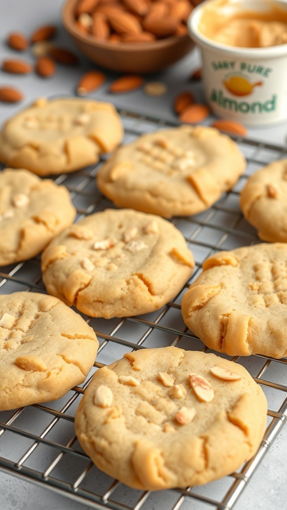 Freshly baked nutty almond butter cookies cooling on a wire rack, with whole almonds and almond butter in the background.
