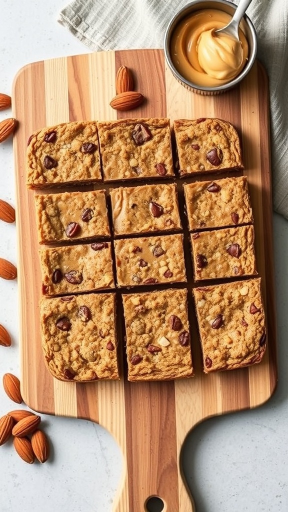 Nutty Almond Butter Energy Bars cut into squares on a wooden board with almonds and a bowl of almond butter.