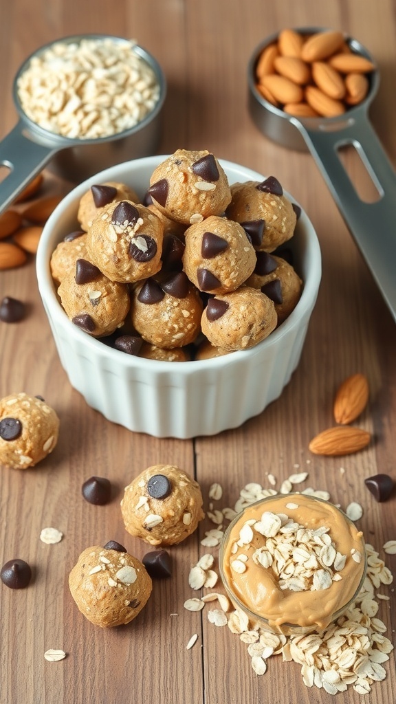 Nutty Almond Butter Energy Bites in a bowl with oats and almonds
