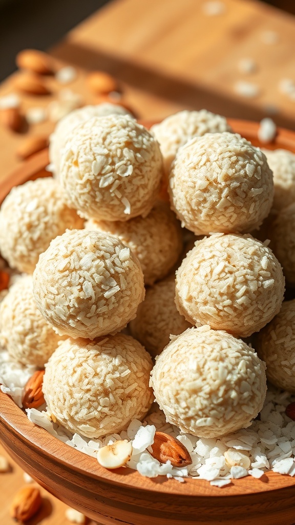 A bowl of Nutty Almond Butter Energy Bites coated in shredded coconut, surrounded by almonds.