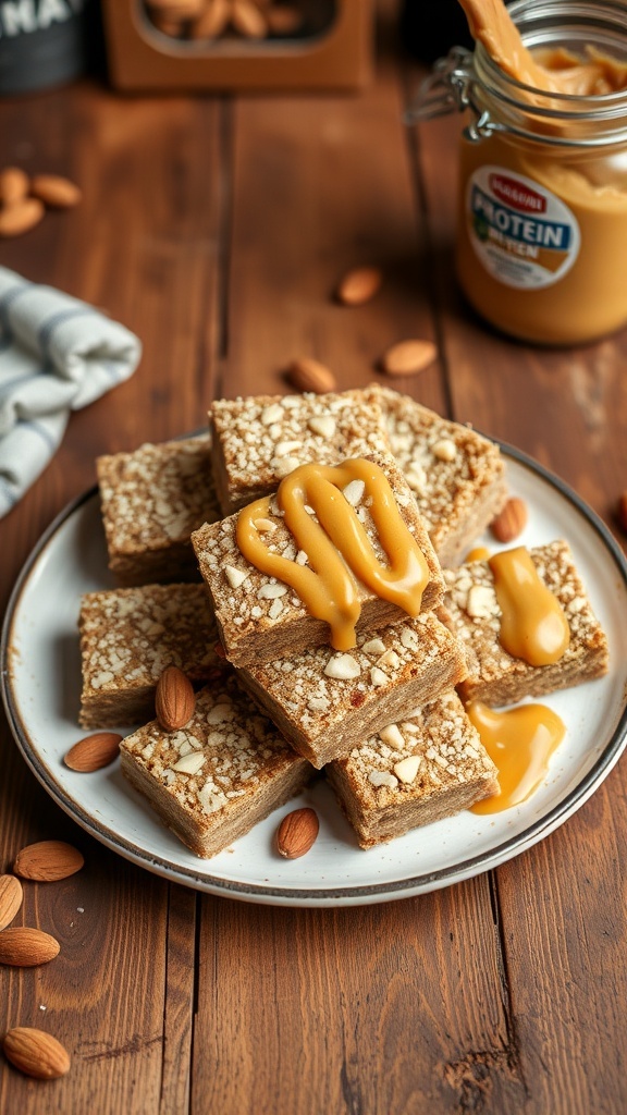 Nutty almond butter protein bars stacked on a plate with almond butter drizzle