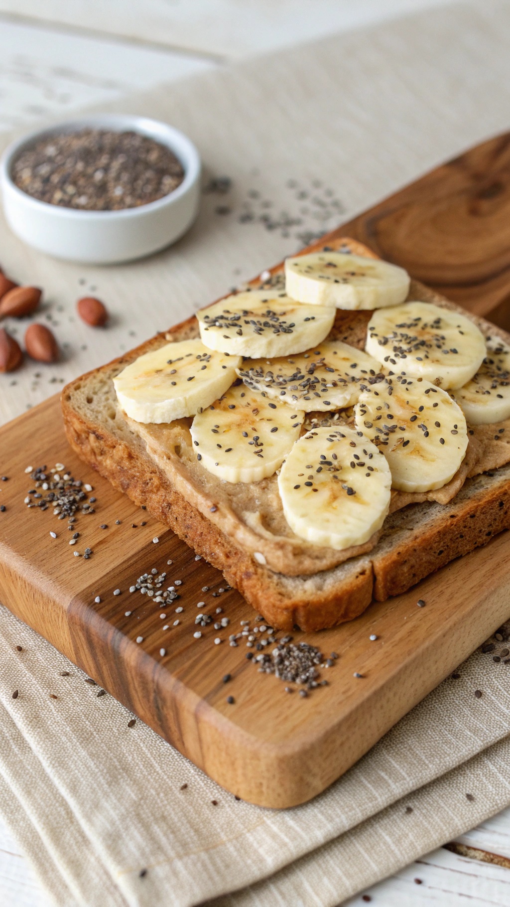 Nutty almond butter toast topped with sliced bananas and chia seeds on a wooden board.
