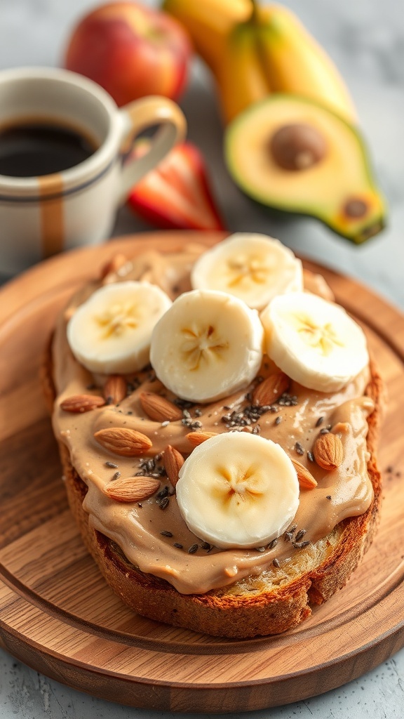 Nutty almond butter toast topped with banana slices, chia seeds, and almonds, with fresh fruits in the background.