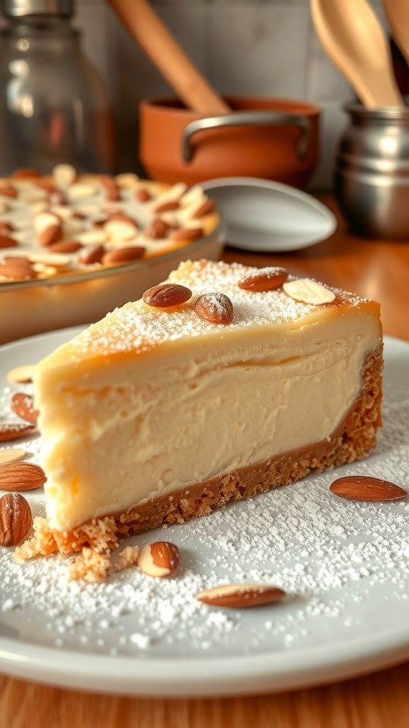 A slice of nutty almond cheesecake topped with almonds on a plate, with a whole cheesecake in the background.