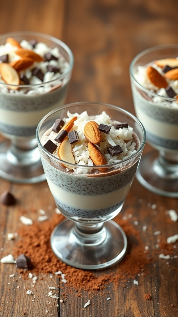Nutty Almond Joy Chia Pudding Cups with layers of chia seeds, coconut yogurt, and topped with almonds and chocolate.