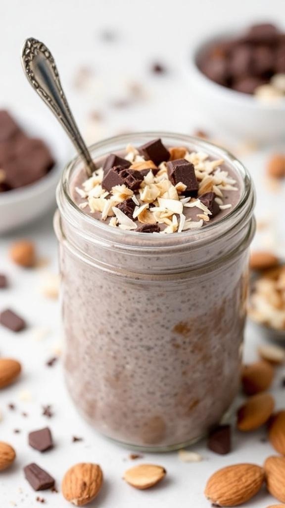 Nutty Almond Joy Chia Pudding topped with almonds, chocolate, and coconut
