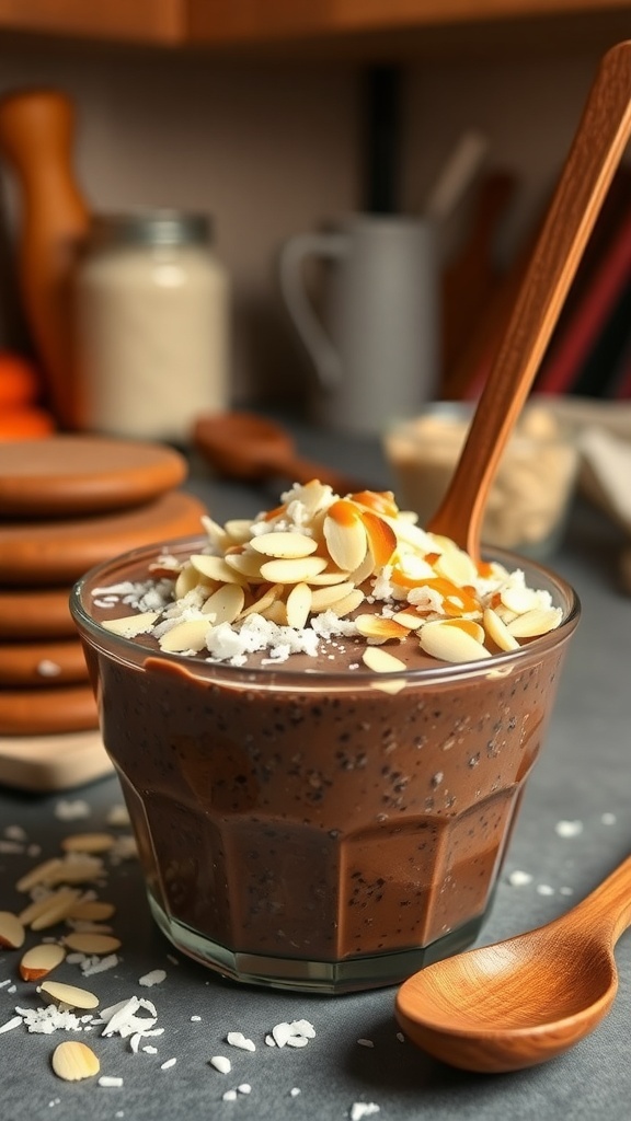 A bowl of Nutty Almond Joy Chia Pudding topped with sliced almonds and shredded coconut, with a wooden spoon beside it.