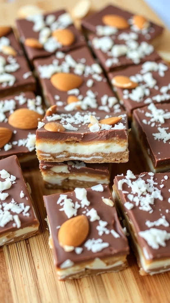 Nutty Almond Joy Energy Bars displayed on a wooden board, topped with chocolate and almonds.