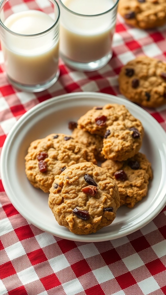 A plate of oatmeal raisin cookies with glasses of milk in the background on a checkered tablecloth.