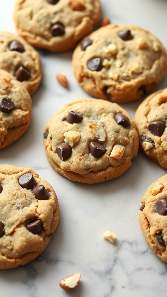 Almond flour chocolate chip cookies with chocolate chips and almonds on a marble surface.