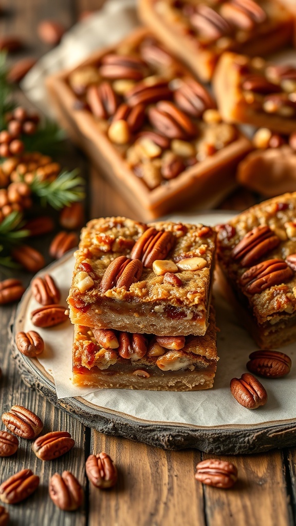 Delicious pecan pie bars stacked on a wooden plate, surrounded by pecans and festive greenery.