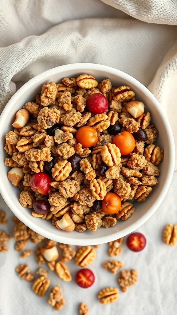 A bowl of nutty and fruity granola clusters with colorful dried fruits.
