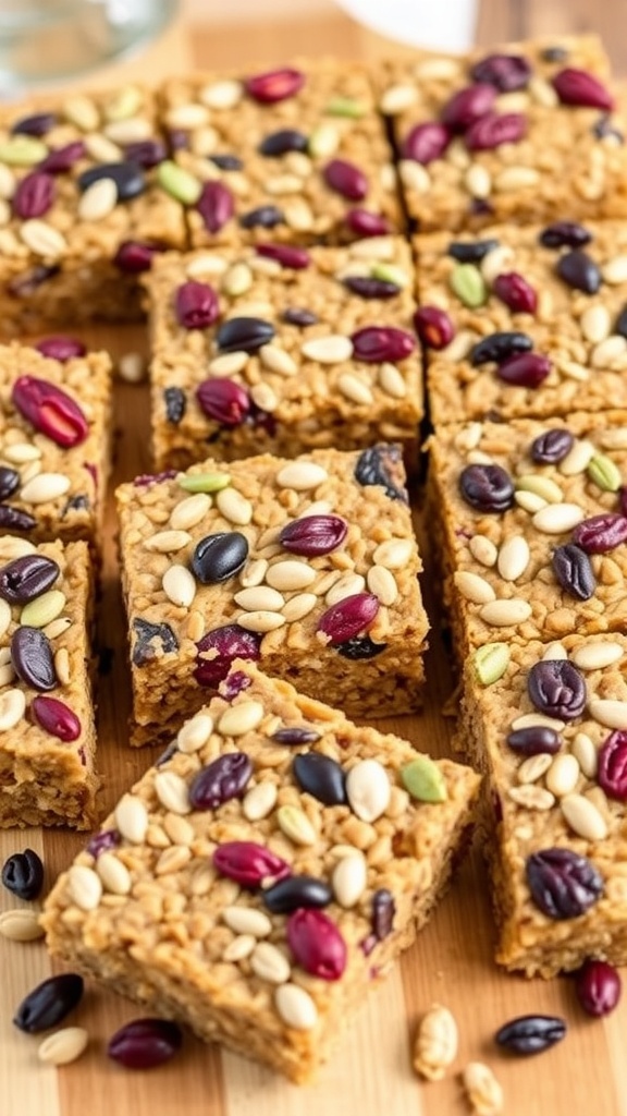 No-bake granola bars topped with nuts and dried fruits on a wooden cutting board.